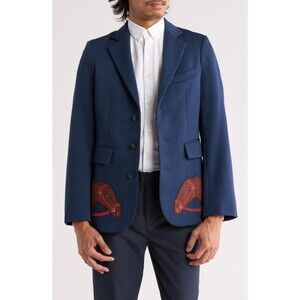 $1890 Bode Men's Pony Applique Wool Suit Jacket Blazer in Blue Multi Size 36 R